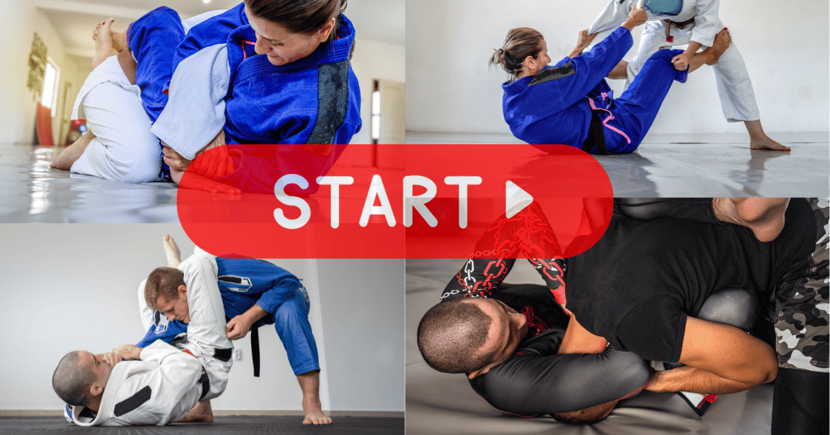 How to start BJJ image showing people executing various BJJ techniques with a large red start button.